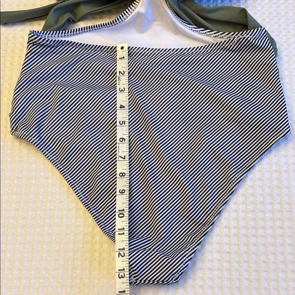 Medium Olive Sage Green Black White Striped Monokini One Piece Swimsuit - Picture 13 of 16